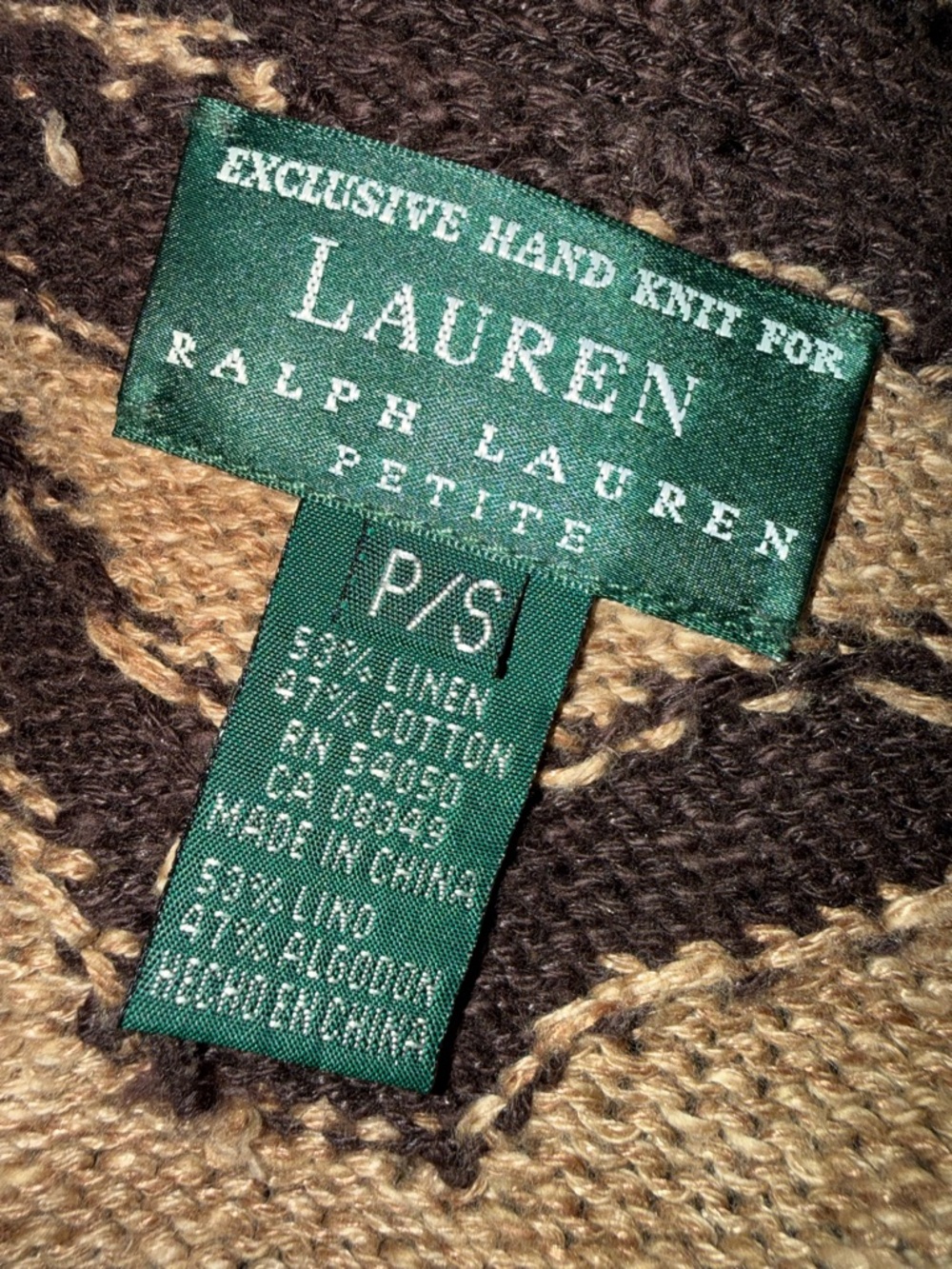 Vintage Lauren Ralph Lauren Hand Knit Linen Cotton Zebra Print Cardigan Size P/S - Picture 2 of 9